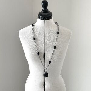 VTG Convertible Necklace 34” Black Jet Faceted Beads and Pendant Silver-tone